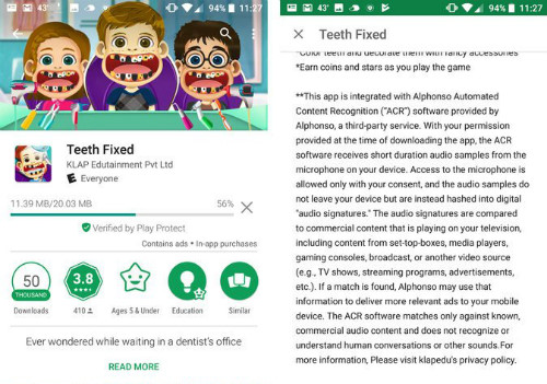 Một ảnh chụp màn hình Android của Teeth Fixed. Ứng dụng chơi game sử dụng phần mềm từ Alphonso, một công ty bắt đầu thu thập dữ liệu xem truyền hình cho nhà quảng cáo.