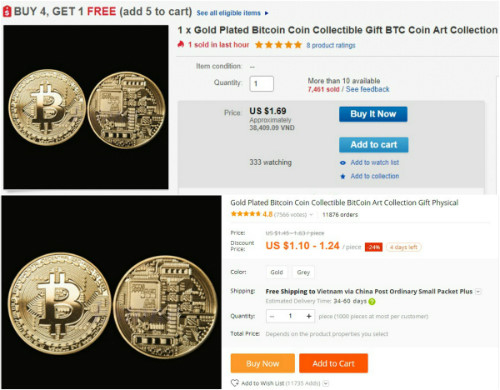 Đồng xu Bitcoin được rao b&aacute;n tr&ecirc;n eBay v&agrave; AliExpress.