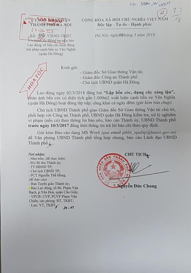 Văn bản chỉ đạo của Chủ tịch UBND TP.H&agrave; Nội.