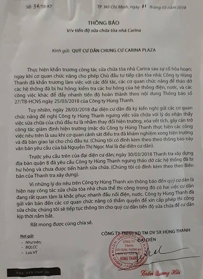 Thanh tra yeu cau chu dau tu chung cu Carina vua chay ngung sua chua vi so mat dau vet hinh anh 1