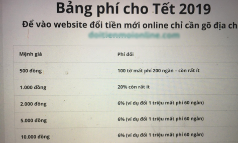 Bảng phí đổi tiền lẻ lì xì Tết 2019 của một trang website. Ảnh chụp màn hình.