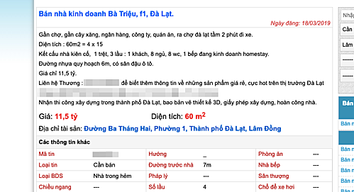 Th&ocirc;ng tin rao b&aacute;n nh&agrave; gần khu vực trung t&acirc;m Đ&agrave; Lạt với gi&aacute; gần 200 triệu đồng một&nbsp;m2