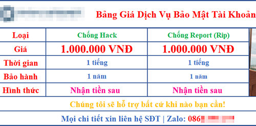 Một bảng báo giá dịch vụ bảo vệ tà i khoản Facebook.