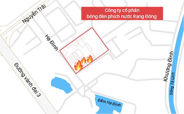 Vị tr&iacute; nh&agrave; kho ch&aacute;y của C&ocirc;ng ty Rạng Đ&ocirc;ng. Đồ hoạ: Việt Chung.