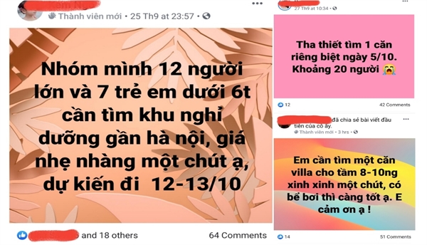 Một số tin đăng t&igrave;m biệt thự nghỉ dưỡng ven đ&ocirc; tr&ecirc;n một group Facebook chuy&ecirc;n về villa, homestay gần H&agrave; Nội. Ảnh: PV