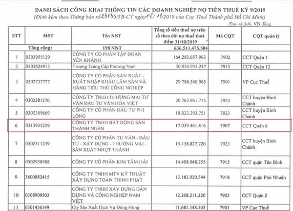 TPHCM công bố loạt đại gia bất động sản nợ thuế