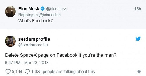 Vào năm 2018, khi vụ bê bối Cambridge Analytica bị phanh phui, Elon Musk đã xóa trang Facebook chính thức của SpaceX và Tesla. Ảnh: Interesting Engineering.