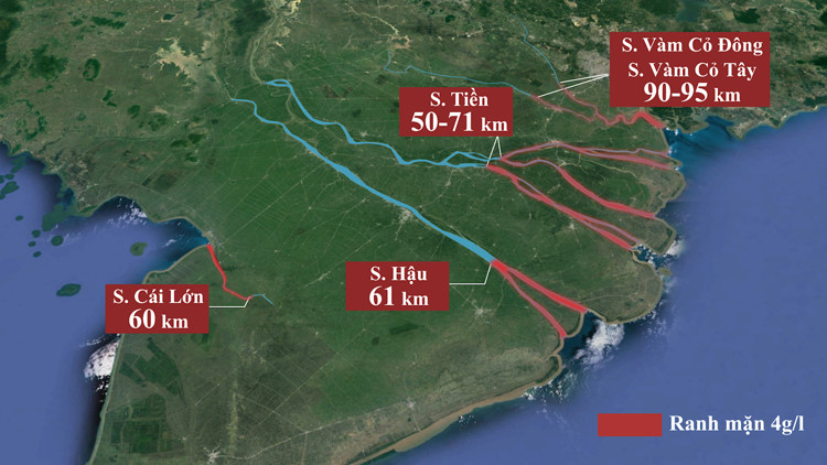 Giữa th&aacute;ng 2, nước biển x&acirc;m nhập v&agrave;o c&aacute;c con s&ocirc;ng lớn ở miền T&acirc;y 50-90 km, s&acirc;u hơn năm 2016 từ 2 đến 11 km. Ảnh: Thanh Huyền.