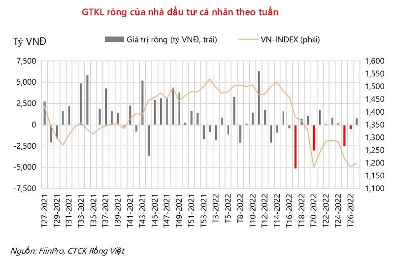 VDSC nhận thấy lực bán ròng của nhóm nhà đầu tư cá nhân có xu hướng giảm theo thời gian khi thị trường có những tuần điều chỉnh mạnh