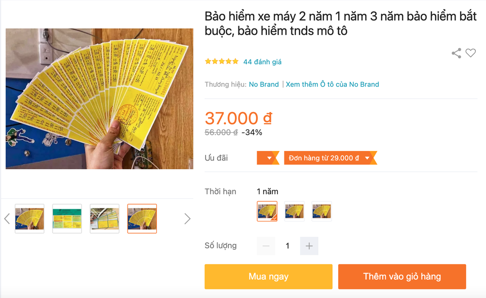 Bảo hiểm xe máy được bán với giá rẻ trên sàn TMĐT.