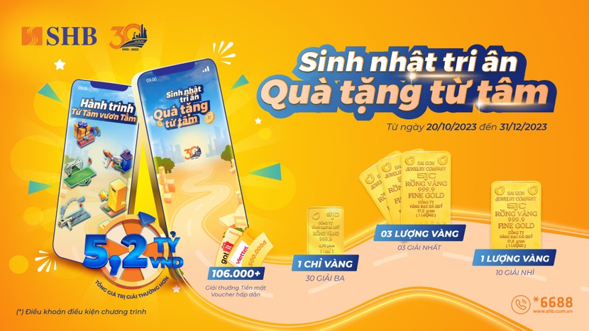 SHB tặng vàng SJC 999.9 cho khách hàng chơi game.